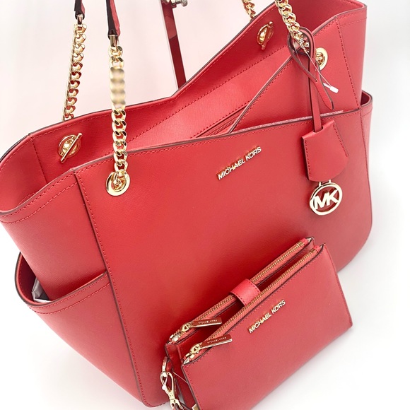 Michael Kors Large Chain Shoulder Bag and Wallet Set Red - Picture 4 of 10